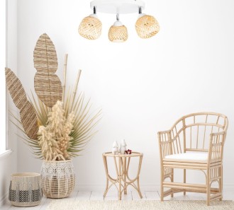 Lampa sufitowa biały plafon potrójny klosz bambusowy
