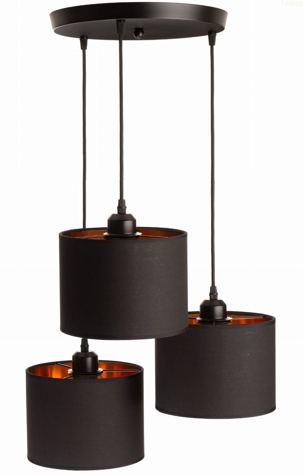 Lampa sufitowa wisząca na plafonie 3 klosze, abażury 20cm z materiału czarno złote
