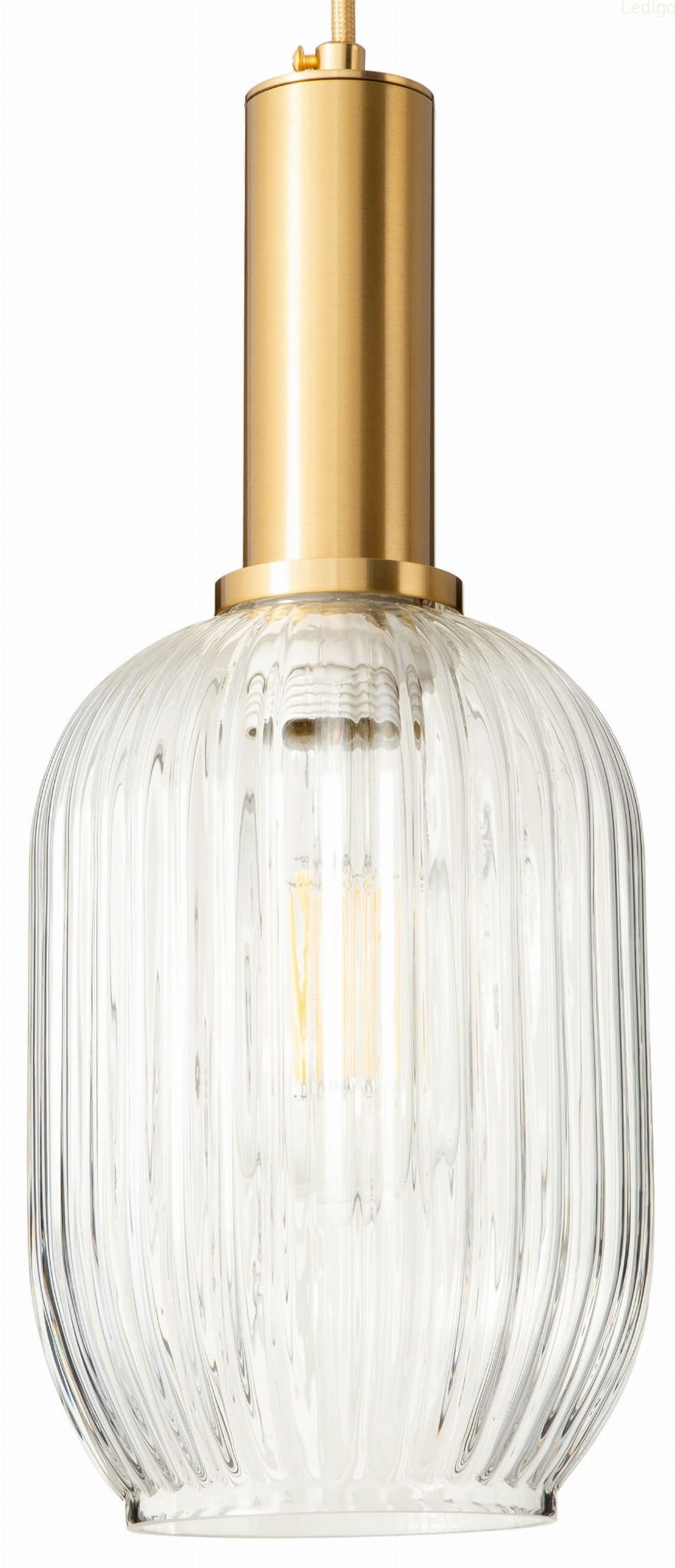 Lampa wisząca szklana podłużna ryflowana ze złotą tubą.jpg