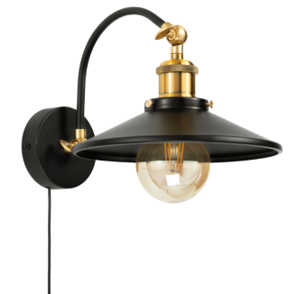 Kinkiet metalowy Retro na łuku czarno złoty płaski z kablem