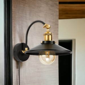 Kinkiet metalowy Retro na łuku czarno złoty płaski z kablem