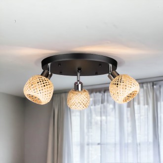 Lampa sufitowa czarny plafon potrójny klosz bambusowy