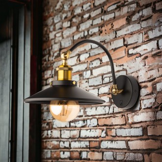 Kinkiet metalowy Retro na łuku czarno złoty płaski z włącznikiem