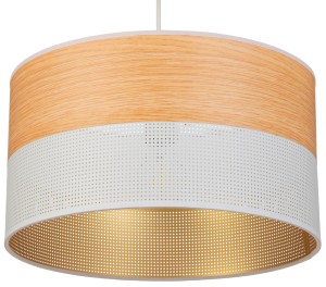 Lampa wisząca jasny dąb fornir biała abażur złoty środek