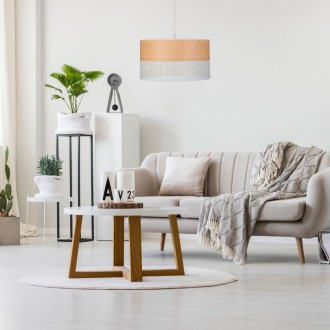 Lampa wisząca jasny dąb fornir biała abażur złoty środek