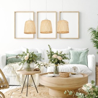 Lampa wisząca na listwie potrójny klosz bambusowy TH1C