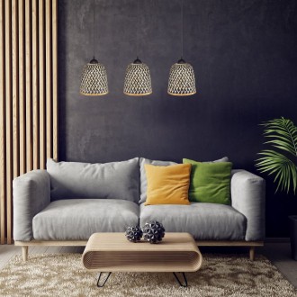 Lampa potrójna listwa czarna klosz boho bambusowy PHU15E