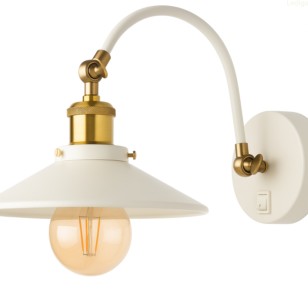 Kinkiet metalowy Retro na łuku biało złoty płaski z włącznikiem.jpg