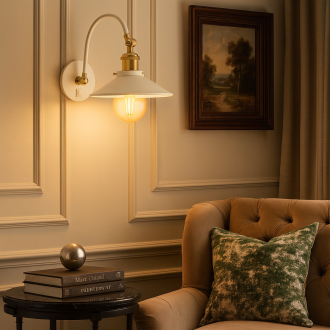 Kinkiet metalowy Retro na łuku biało złoty płaski z włącznikiem