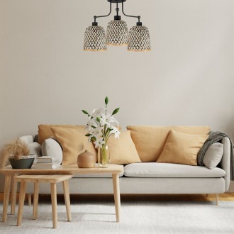 Lampa sufitowa żyrandol 3 klosze bambusowe dwukolorowe