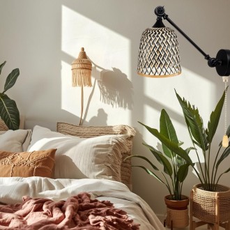 Kinkiet regulowany Rustic czarny klosz bambusowy PHU15E z łańcuszkiem