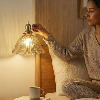 Lampa wisząca szklana złota bursztynowa ryflowana Dalia