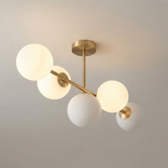 Lampa Milano złota 5 kloszy mleczne kule dwuobwodowa