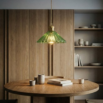 Lampa wisząca szklana plisowana Japandi zielona