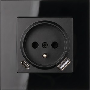 Gniazdo USB + USB-C z ramką ze szkła hartowanego z uziemieniem czarne Loft Line 
