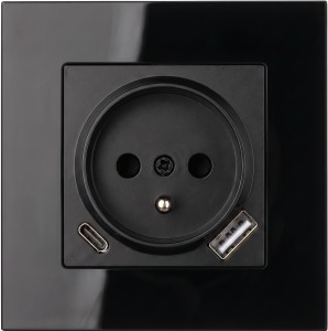 Gniazdo USB + USB-C ze szklaną ramką z uziemieniem czarne Loft Line 