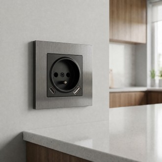 Gniazdo USB + USB-C z aluminiową ramką z uziemieniem grafitowe Loft Line  