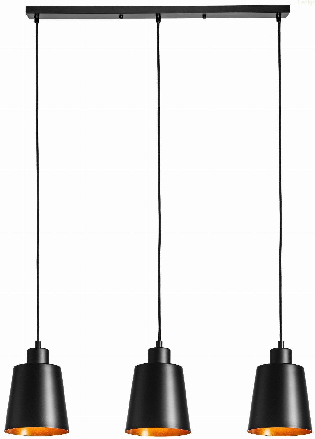Lampa wisząca potrójna listwa czarna stożek czarno złoty