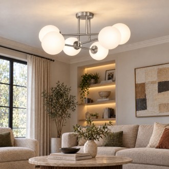 Lampa sufitowa silver Milano Tower 6 klosze mleczne kule 