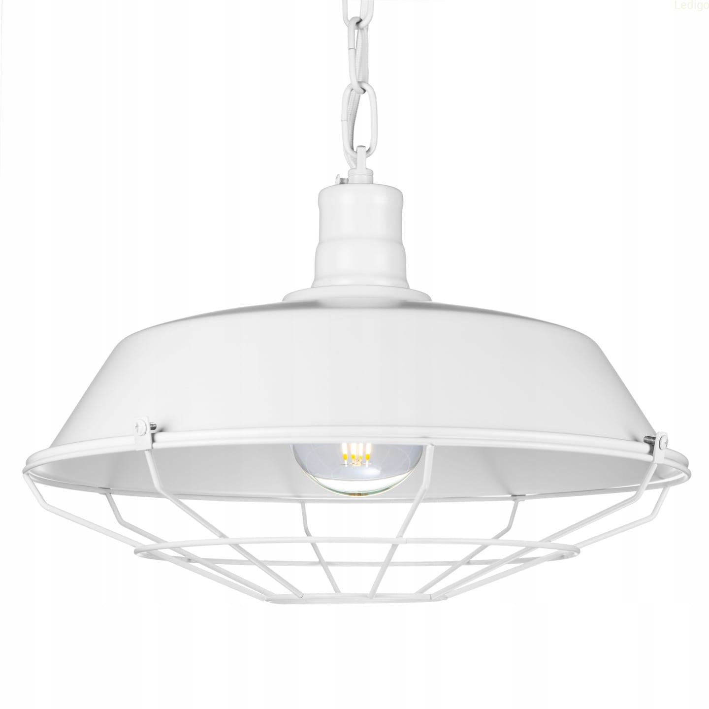 Duża industrialna lampa wisząca z łańcuchem i kratką biała
