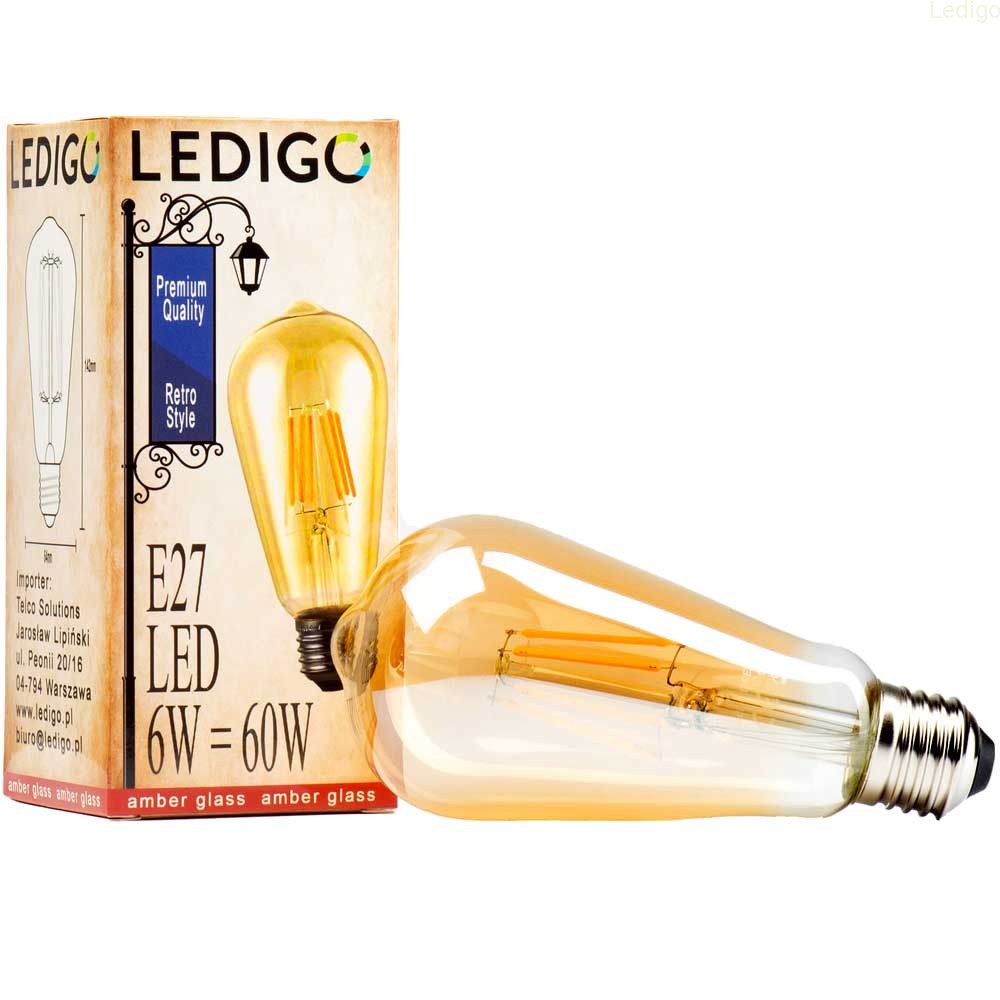 Żarówka LED E27 6W ST64 FILAMENT AMBER