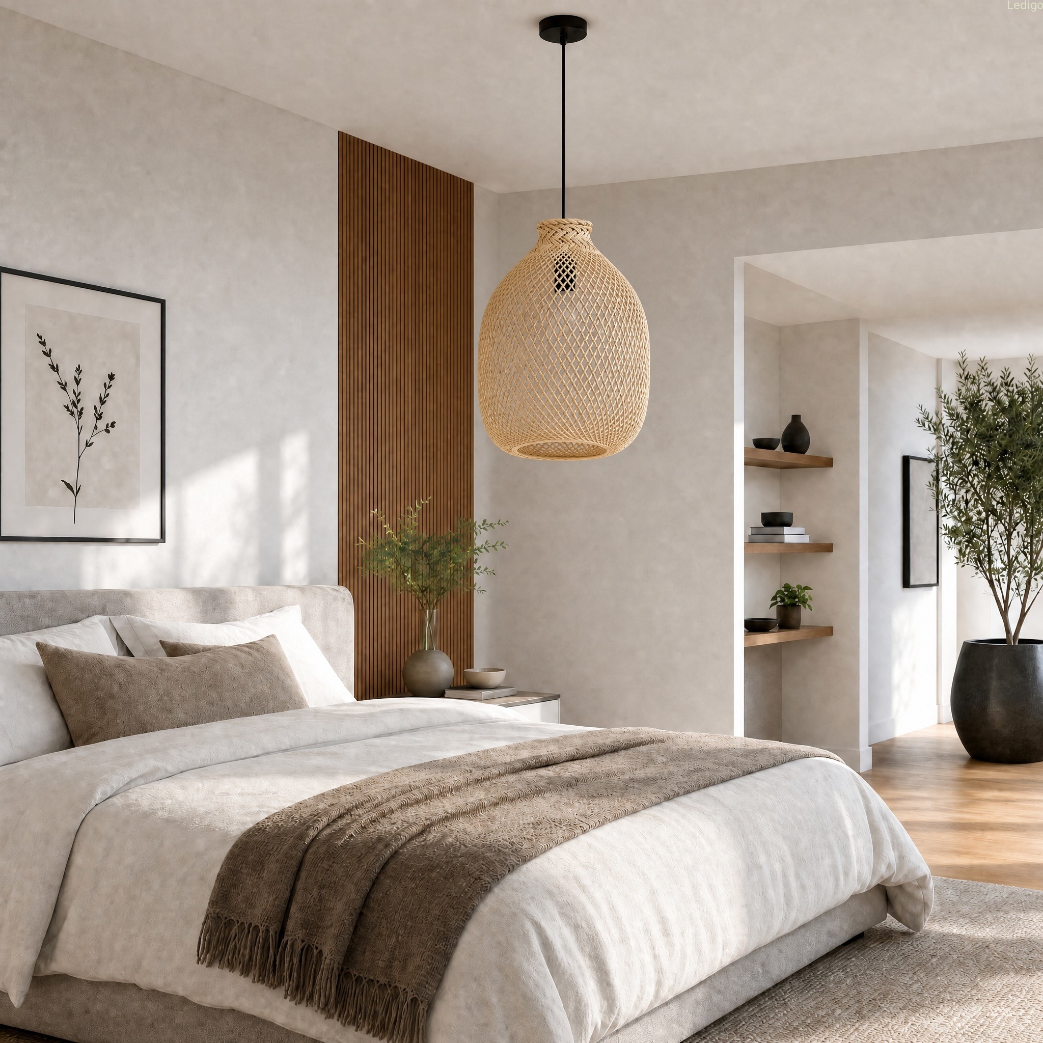 Lampa bambusowa w skandynawskiej sypialni