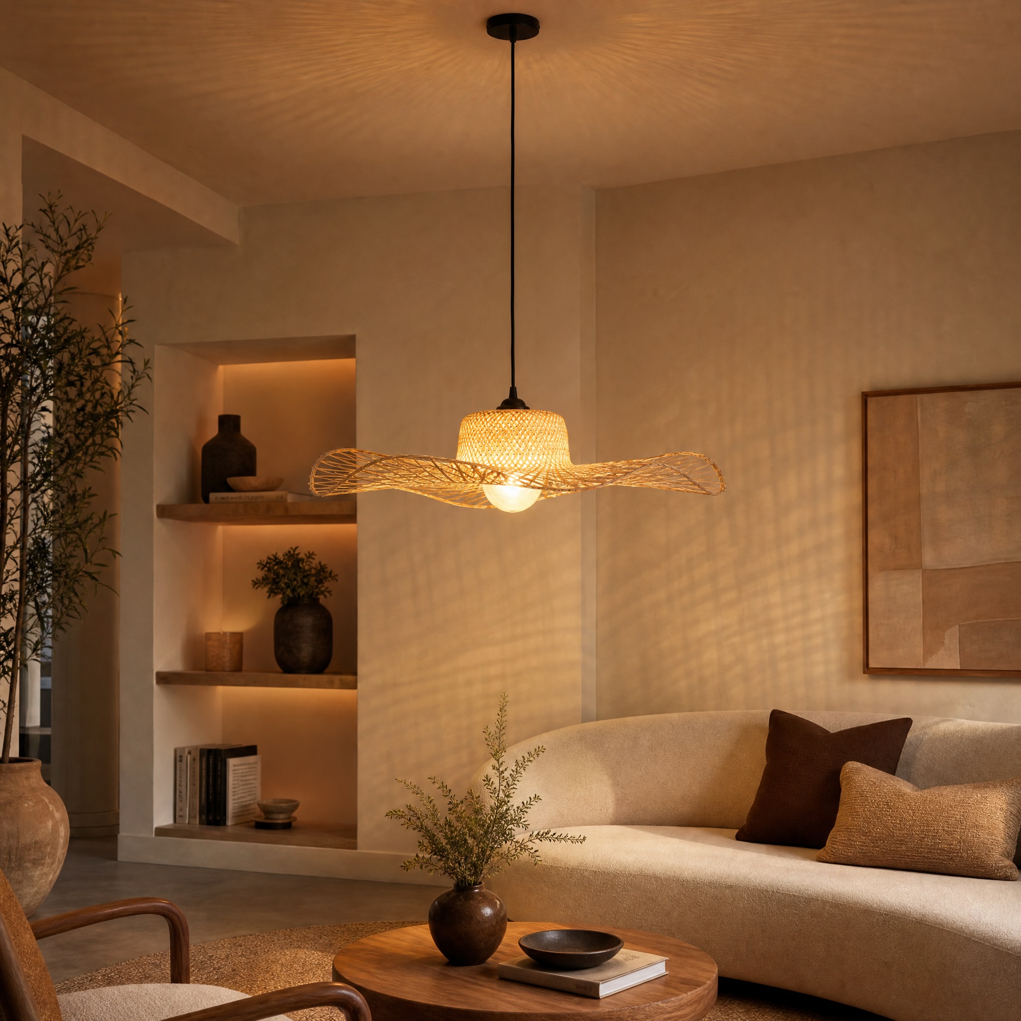 Lampa boho do salonu bambusowa płaska duża